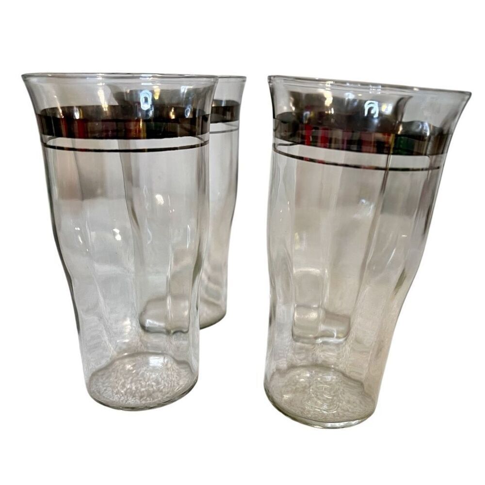 Set of 4 Vintage Ribbed Federal Glasses With Silver Rims